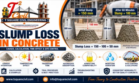 Slump loss in concrete showing initial slump of 150 mm reducing to 100 mm after 60 minutes, causes and site control measures