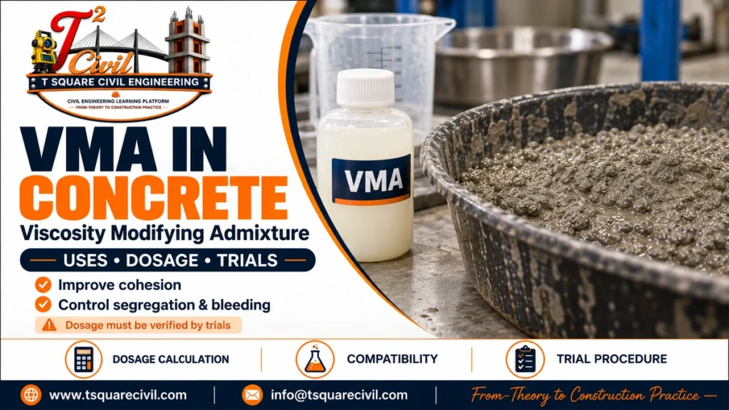 Viscosity modifying admixture bottle beside fresh concrete, illustrating VMA use for cohesion and segregation control